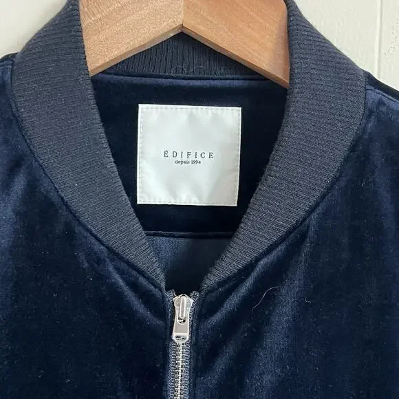 Edifice Japan Blue Velvet Bomber Jacket Men’s Large Full Zip Ribbed Trim